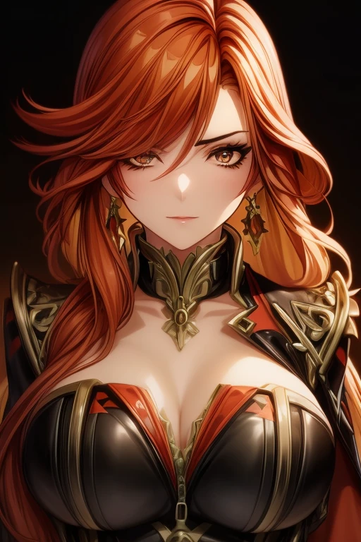 (masterpiece, best quality, very aesthetic, super detailed, UHD), anime, cinematic, 1girl, mature female, Mavuika, medium shot, (detailed face:1.3), medium breasts, cleavage, look at viewer