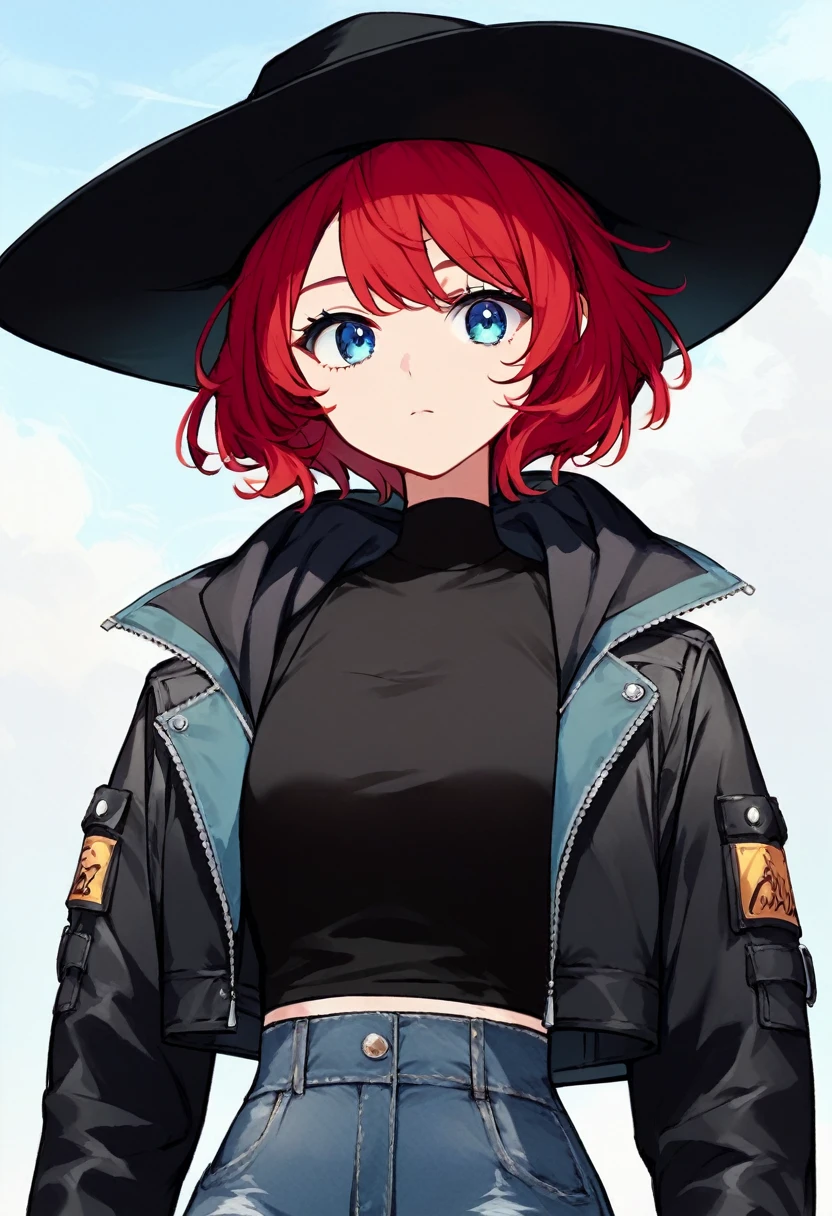 score_9, score_8_up, score_7_up, source_anime, highly detailed, 
esther, 1girl solo, red hair, short hair, blue eyes, hat, black headwear, jacket, black jacket, cropped jacket, long sleeves, hood, shirt, black shirt, 
outdoor,