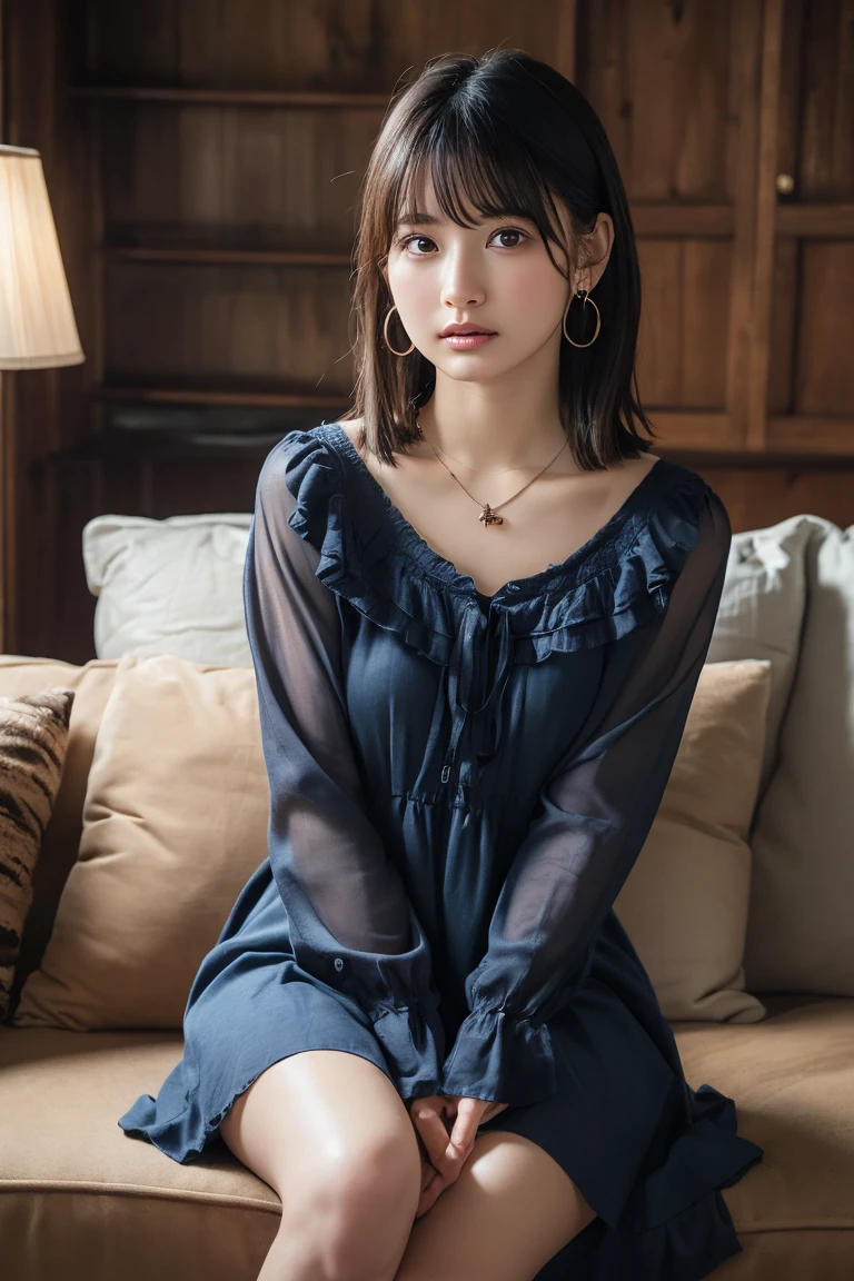 Apartment hallway,Hairdresser,((full body)),((photo)),((best qualtiy, 8K, tmasterpiece:1.3)), Focus:1.2, perfect figure beautiful girl:1.4,1girl,cowboy shot,look at viewer,incredibly absurd, beautiful and cute girl with a photorealistic face, showcasing top-quality craftsmanship, A Japanese woman standing in front of the door to her apartment, 23 years old, short hair, bangs straight above her eyebrows in a simple bang, soft waves, light brown hair, fair skin, clear skin, baby face, round double eyelids, light brown eyes, long upturned eyelashes, small straight nose, small mouth, plump lips, beautiful teeth, dimples, soft skin, , delicate, plump, A-cup small breasts, beige loose silhouette dress, brown sandals, small gold earrings and necklace, cigarette, beautiful girl, pure, soothing, husky voice, calm, curious, laid-back, April