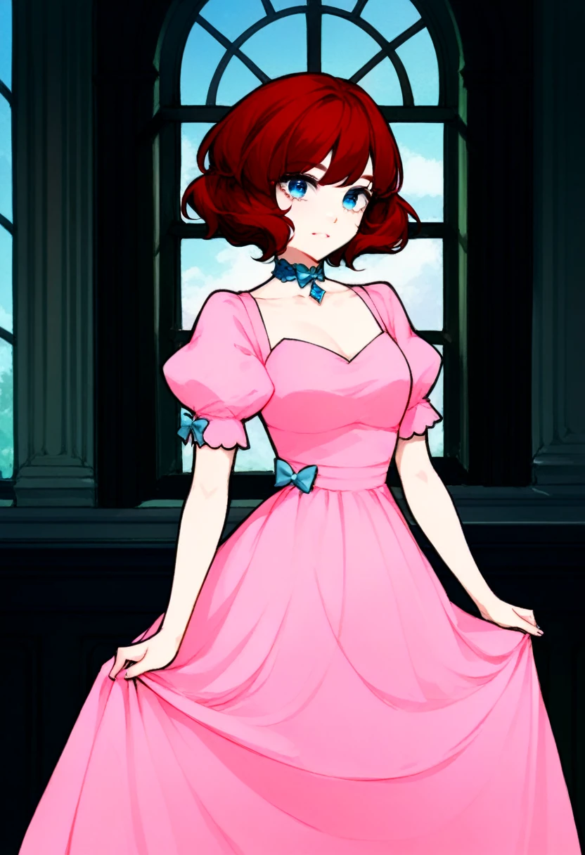 score_9, score_8_up, score_7_up, source_anime, highly detailed, 
esther, 1girl solo, red hair, short hair, blue eyes, jewelry, chocker, dress, pink dress, bow, puffy sleeves,
indoor, window,