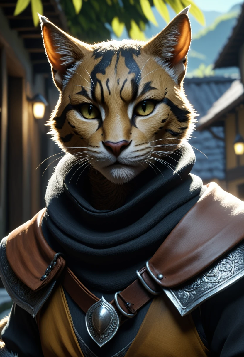 (8k, foto RAW, best quality, masterpiece),  a detailed portrait of the character, clearly worked details, (Tabaxi:1.4, Khajiit:1.4), ( On your own , burglar, bandit, Balaclava covering part of the face ), fantasy burglar clothes, rpg,  holding a bow , sword at the waist, agile, intricate, cinematic,  natural lighting  , anime, map style, raytracing,  face image,  High resolution, (Ultra Detailed)