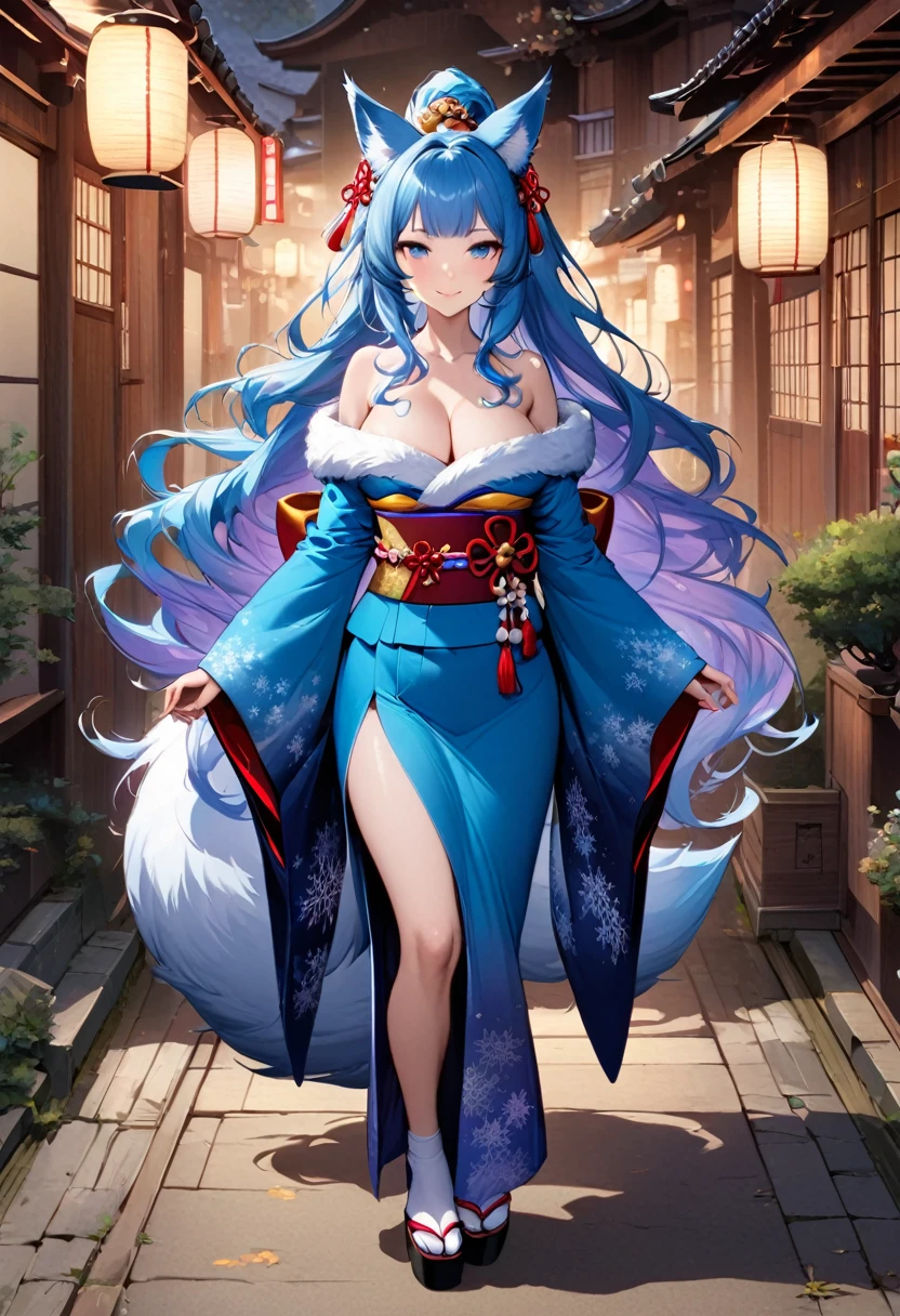 (masterpiece),(best quality),(ultra-detailed),(best illustration),(best shadow),(absurdres),(detailed background), 1girl, japanese-clothes, solo, kimono, long-hair, bell, fox-ears, breasts, ((blue-eyes)), hair-ornament, simple-background, cleavage, wide-sleeves, jingle-bell, looking-at-viewer, tabi, standing, off-shoulder, ponytail, fur-collar, bare-shoulders, obi, very-long-hair, white-hair, sash, sandals, hair-ribbon, ribbon, closed-mouth, snowflake-print, white-kimono, long-sleeves, fur-trim, blunt-bangs, okobo, scabbard, gradient-clothes, hair-bell, blue-kimono, floating-hair, red-ribbon, tachi-e, clothing-cutout, fox-tail, smile, platform-footwear, tail, large-breasts, furisode, zouri, light-blue-hair erune, black-footwear, sidelocks, high-ponytail, print-kimono, tassel, blue-hair, fox-girl, exposed thigh
