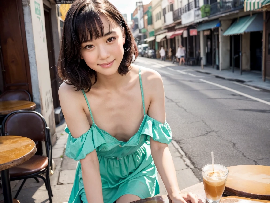 Show me a woman who will surprise everyone.、In New Orleans bourbon street,  sitting in cafe while drinking coffee at open air street side table、（Antique cafe with a retro atmosphere）、tight fitting natural color off shoulder dress without bra, the cleavage exposed, short fluffy hair、Has a  happy face、Looking straight ahead with a bright smile, lips slightly pointed.、Bangs slightly messed up by the wind、Soft Backlight、no bra, nsfw, skirtlift, oversized breast cup, from low below