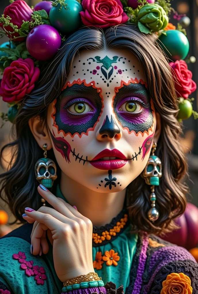 A mesmerizing, hyper-realistic close-up of a woman wearing intricate Mexican sugar skull makeup. Her fair skin contrasts with the dark and vibrant colors of the makeup, which includes black, deep purple, pink, neon, and turquoise blue. Her thin eyebrows arch elegantly, and her bright green eyes are accentuated by exaggerated mascara. An enigmatic smile adorns her lips, exuding mystery and confidence. The cinematic lighting creates depth and contrast, with a soft main source from the top left casting shadows on select facial areas. The subject wears an outfit featuring a mix of textures, patterns, and floral and geometric designs. Lace and velvet details highlight the stunning sugar skull earrings that harmoniously match her makeup. The overall atmosphere of the portrait exudes creativity and allure in the realm of photographic art., portrait photography, photo