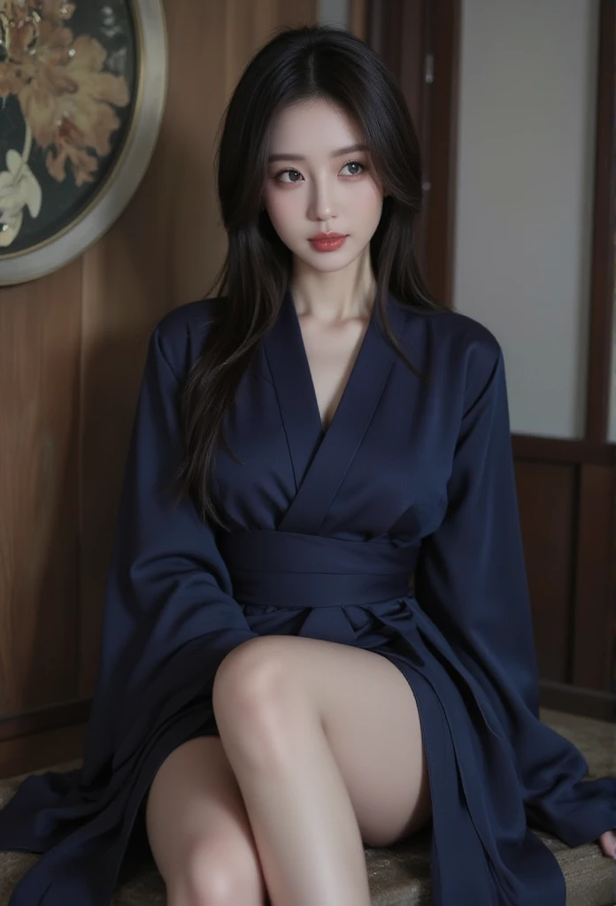 8K、Highest quality、Realistic、A navy blue dress with gorgeous and glittering decorations、Gorgeously decorated dress、Red decorated dress、Wearing a small tiara on her head、Navy blue cape on the back、Black short hair、woman、On one knee, looking straight to the side、The walls are castle walls