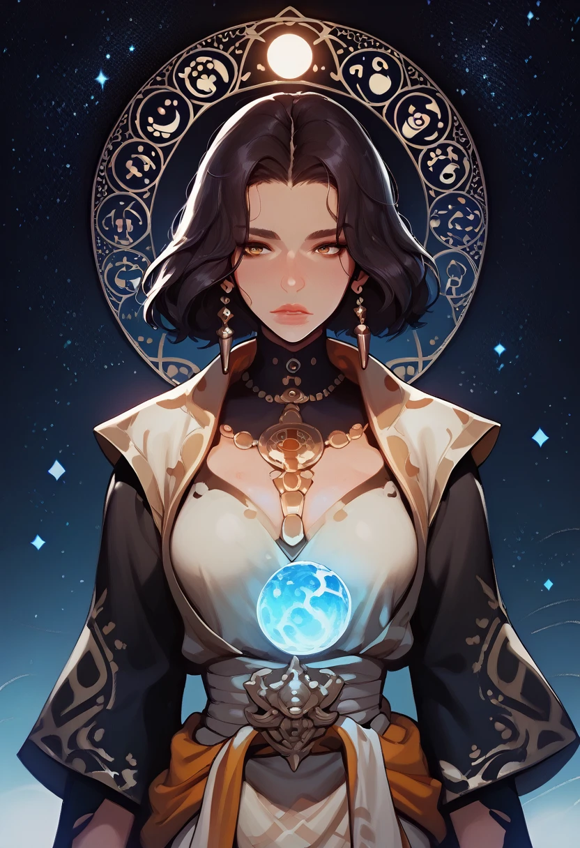 Appearance: Miartemis embodies celestial beauty and the strength of nocturnal nature. Her eyes reflect the light of the stars, while her dark hair resembles the darkness of the night sky. Dressed in a robe that mimics the glow of the moon, she carries a celestial bow and a lunar dagger, 8k high definition