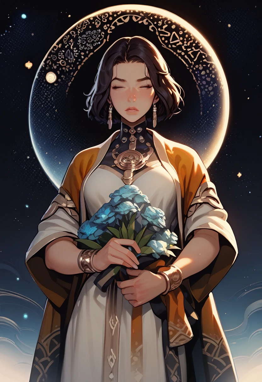 Appearance: Miartemis embodies celestial beauty and the strength of nocturnal nature. Her eyes reflect the light of the stars, while her dark hair resembles the darkness of the night sky. Dressed in a robe that mimics the glow of the moon, she carries a celestial bow and a lunar dagger, 8k high definition