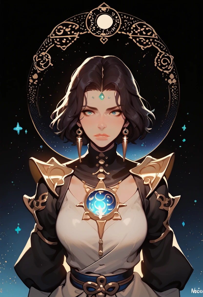 Appearance: Miartemis embodies celestial beauty and the strength of nocturnal nature. Her eyes reflect the light of the stars, while her dark hair resembles the darkness of the night sky. Dressed in a robe that mimics the glow of the moon, she carries a celestial bow and a lunar dagger, 8k high definition