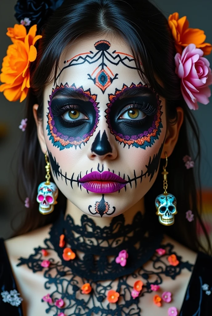 A mesmerizing, hyper-realistic close-up of a woman wearing intricate Mexican sugar skull makeup. Her fair skin contrasts with the dark and vibrant colors of the makeup, which includes black, deep purple, pink, neon, and turquoise blue. Her thin eyebrows arch elegantly, and her bright green eyes are accentuated by exaggerated mascara. An enigmatic smile adorns her lips, exuding mystery and confidence. The cinematic lighting creates depth and contrast, with a soft main source from the top left casting shadows on select facial areas. The subject wears an outfit featuring a mix of textures, patterns, and floral and geometric designs. Lace and velvet details highlight the stunning sugar skull earrings that harmoniously match her makeup. The overall atmosphere of the portrait exudes creativity and allure in the realm of photographic art., portrait photography, photo