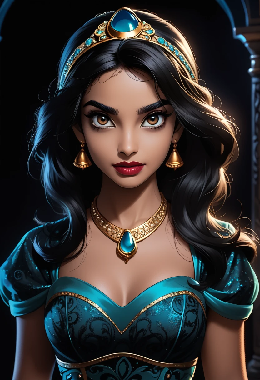 Jasmine from aladdin, dark make-up, sexy dark dress, dark look, mad look, evil look, dark background, darkness in eyes, dark atmosphere GothMOONXL