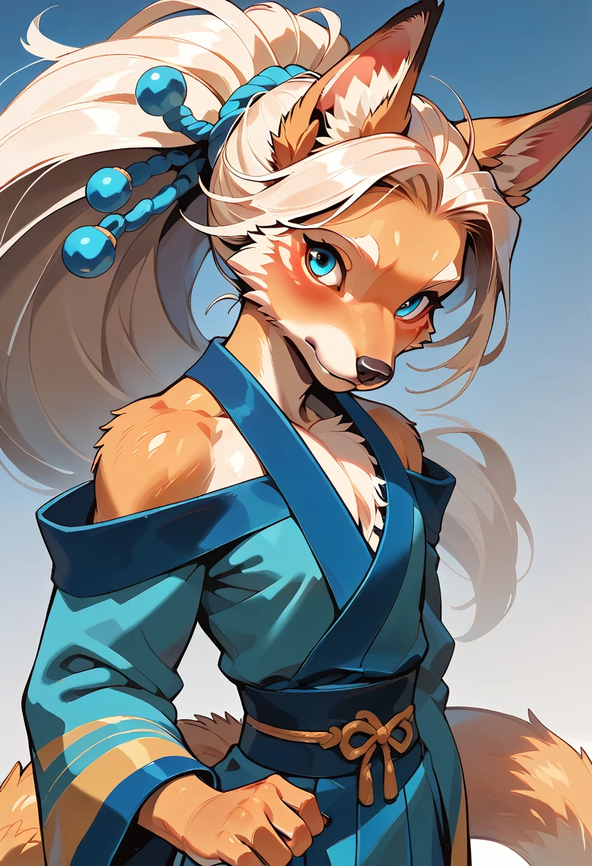 Captain Tails is an anthropomorphic wolf of average height, with golden fur and bright blue eyes. He wears a traditional Japanese haori in shades of blue and white, with the symbol of his division embroidered on the back in gold. His long, voluminous hair is tied back in a ponytail, keeping true to the character's classic style, 8k high definition