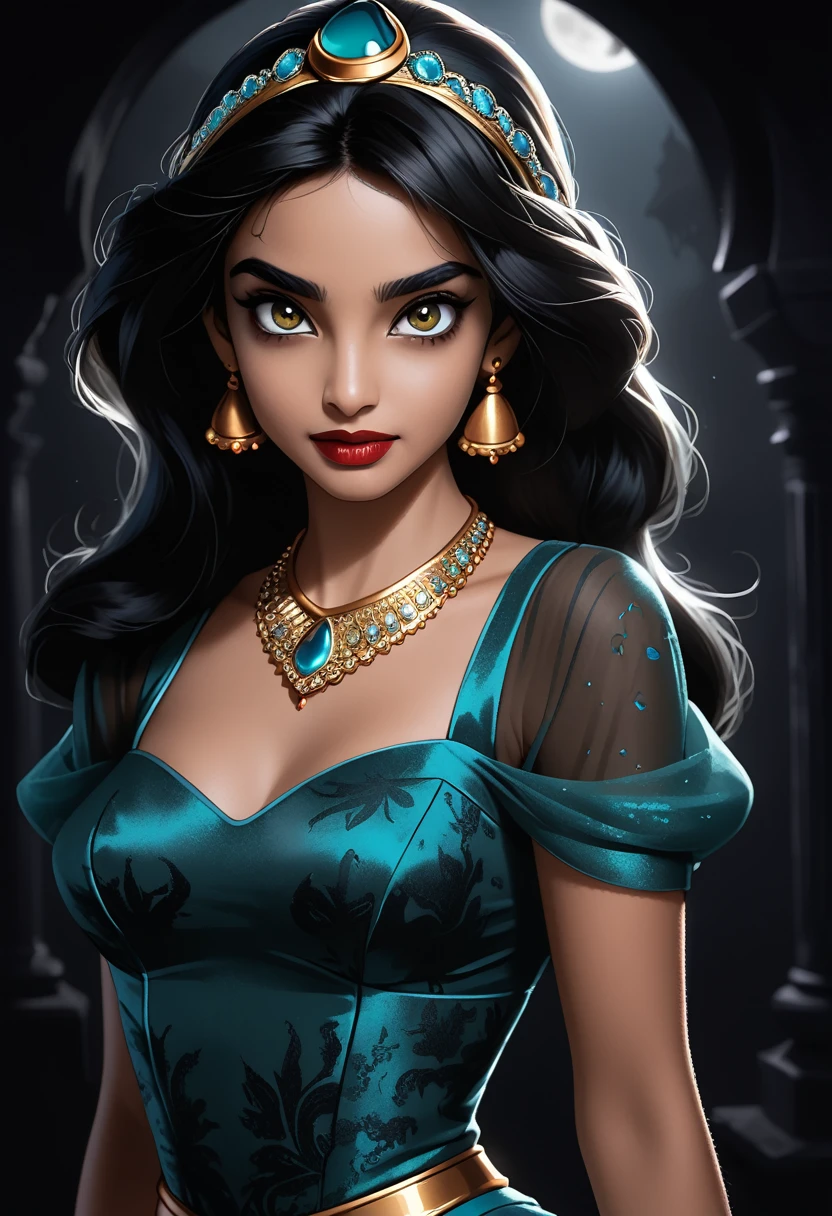 Jasmine from aladdin, dark make-up, sexy dark dress, dark look, mad look, evil look, dark background, darkness in eyes, dark atmosphere GothMOONXL