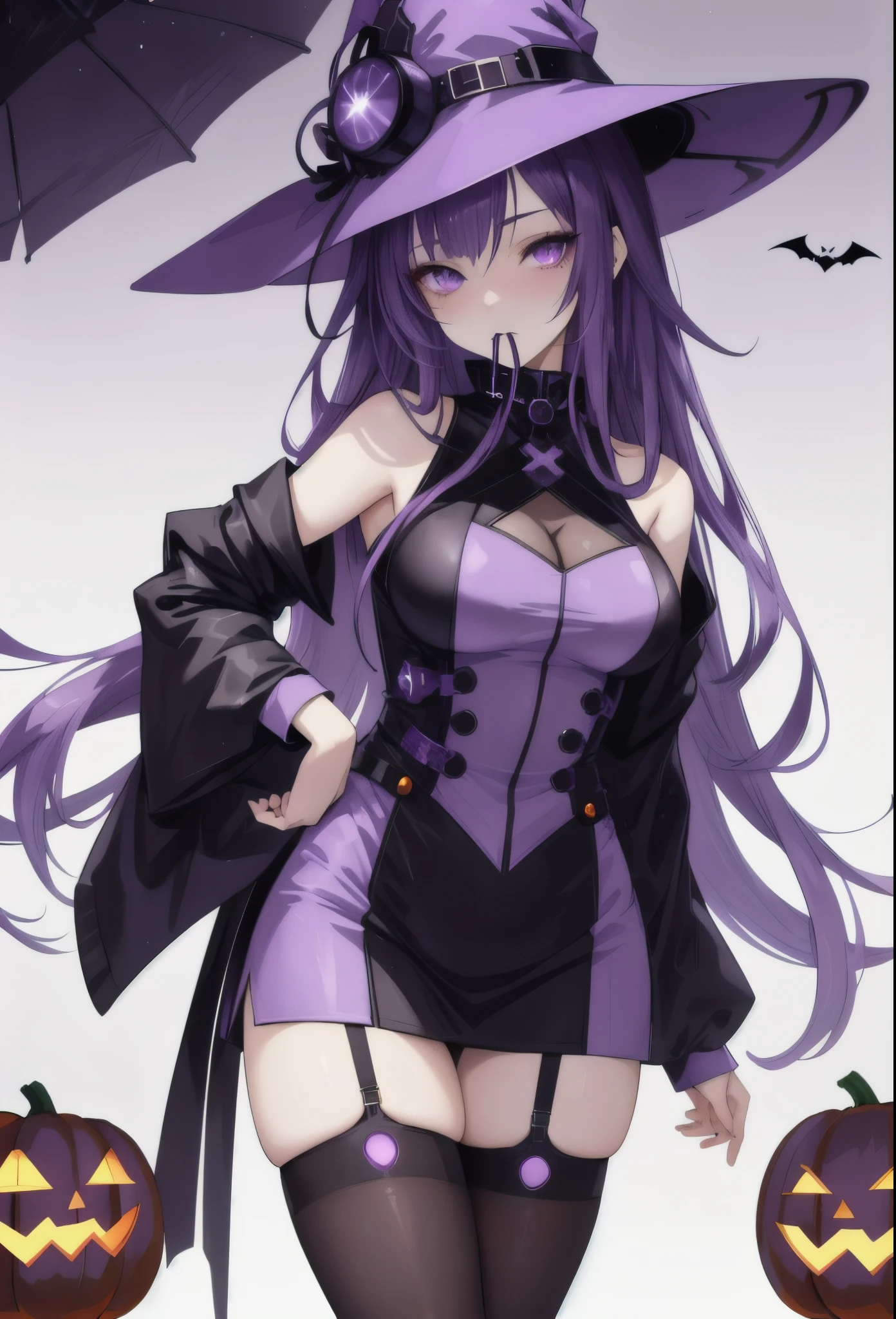  An anime-style character with a cyberpunk .  The main figure is a woman with long, straight dark purple hair,  aesthetic dressed in a witch costume with futuristic details . on his face, He has an an-gas mask with many details that covers his mouth and nose. Her eyes are a bright violet color, that stands out intensely .  She has stockings on her arms .  She is at a Halloween party in the background . Have a shy expression ,  Halloween background with pumpkins and night.