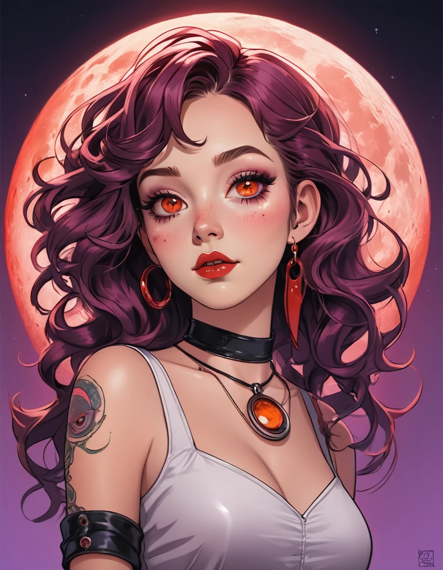  Create an image Apart from this , A girl named Lavy with curly hair , no bangs!  and freshly painted red (light red ,orange),  full lips , oval face,  Pink cheeks ,a little bit of freckles ,  purple or lilac eyes , medium chest, and a piercing on the left side of the hoop nose ,  sleeveless red long slit dress with a short black tight skirt and black thigh-high boots, a collar around the neck , moon necklace ,trawler glove, rings ,  tattoos on the body and neck ,  moon tattoo on the right arm , 18-year-old girl ,  in the style of the movie resident the cursed guest  ( in the style of the clothing of the character Alice from the movie ) , zombie , laboratory, genetically modified 