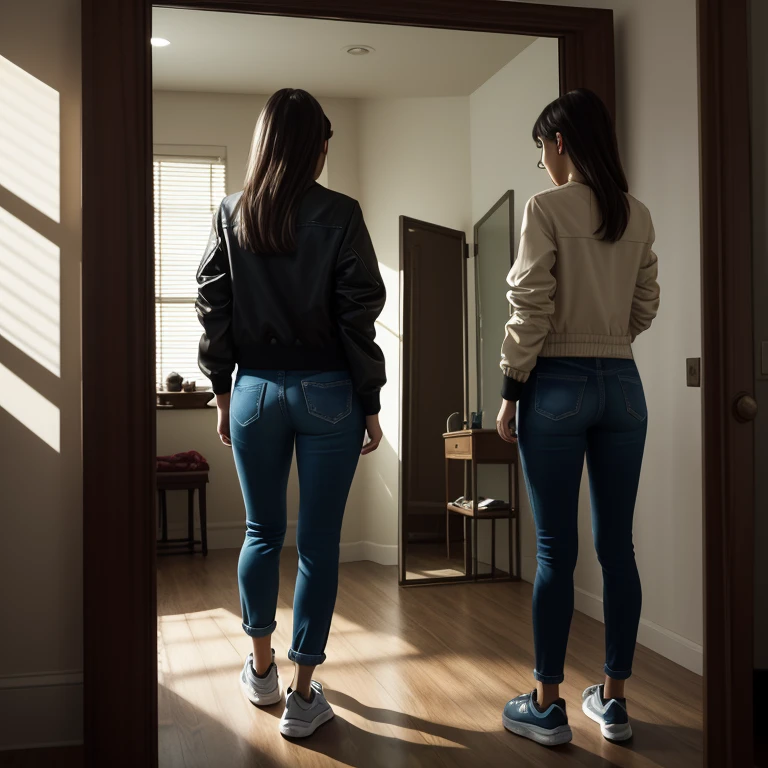 She turns around in fear, but there’s nothing there. When she looks back at the old mirror, the shadowy figure reappears, this time clearer and closer. Character Clothes: Casual outfit (light jacket, jeans, sneakers). Expression: Anxious, wide-eyed, cautious. Props: Flashlight, small bag. Lighting: Soft shadows, emphasizing her fear.