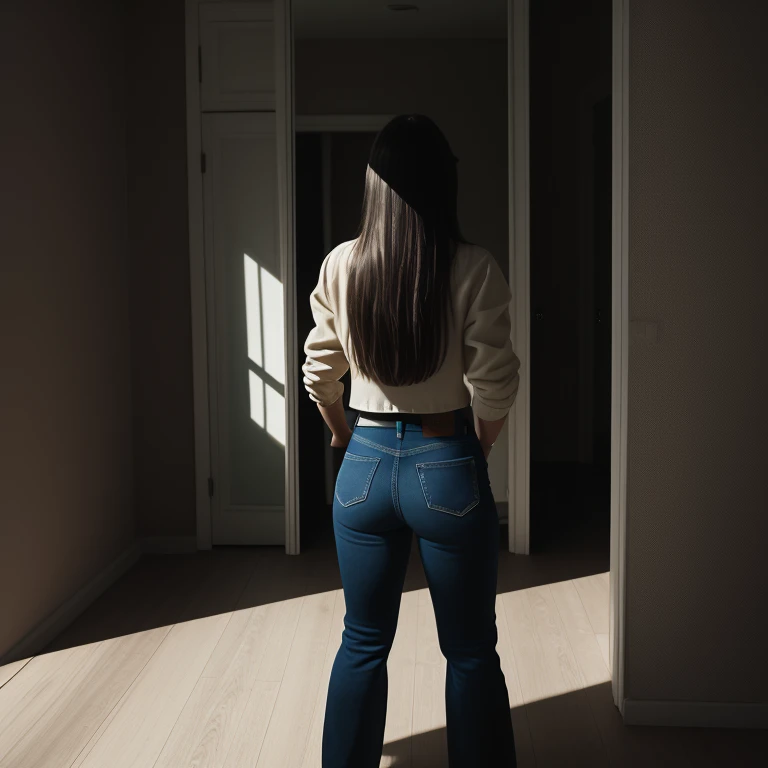 She turns around in fear, but there’s nothing there. When she looks back at the old mirror, the shadowy figure reappears, this time clearer and closer. Character Clothes: Casual outfit (light jacket, jeans, sneakers). Expression: Anxious, wide-eyed, cautious. Props: Flashlight, small bag. Lighting: Soft shadows, emphasizing her fear.