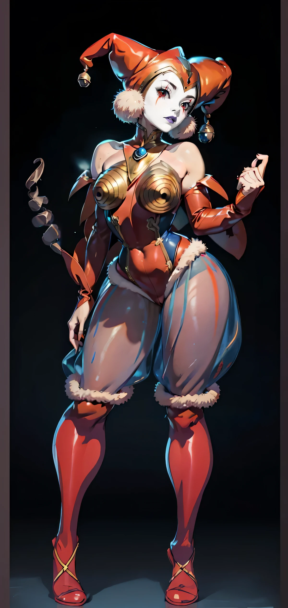 ((BLACK BACKGROUND,1:2, masterpiece)) full body MILF BIMBO standing with two long thighs and two metal sandals, red eyes, two-tone hair, brown hair, silver white hair, short bob style hair, big breasts, cleavage, separate sleeves, tiara royal, long cape up to two feet, yellow bikini, hands on waist, navel, toned body, lustful smirking smiling, smile face (red blushed, red cheeks), metal shoulders, gold sleeveless armbands, black leather choker slave collar (leather choker with big golden bell), shackle bracelets, red crest, pauldrons, breastplate, leather corset, eye focus, full body, whole body, 1solo, loincloth standing, hands on hips, big belt, view from below, feet together, bracers, tiara)