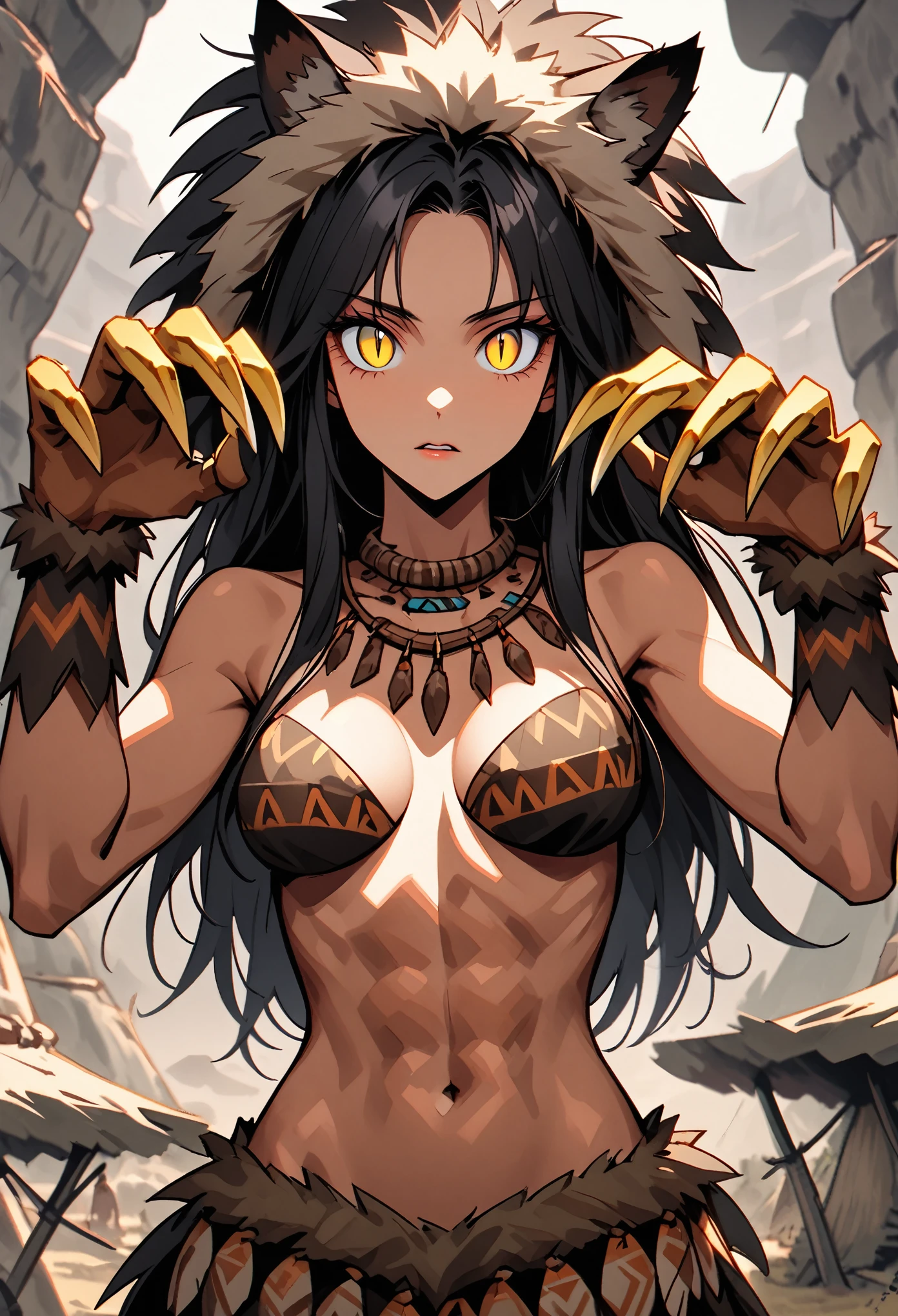 solo, woman, very tall, broad shoulders, fit, slender, long black hair, cavewoman, prehistoric, large claw hands, medium breasts, prehistoric settlement, surprised, toned, abs, close up, slit pupils, yellow eyes, barbarian, pelt clothes, lots of tribal ornaments, looking at viewer, crude clothes