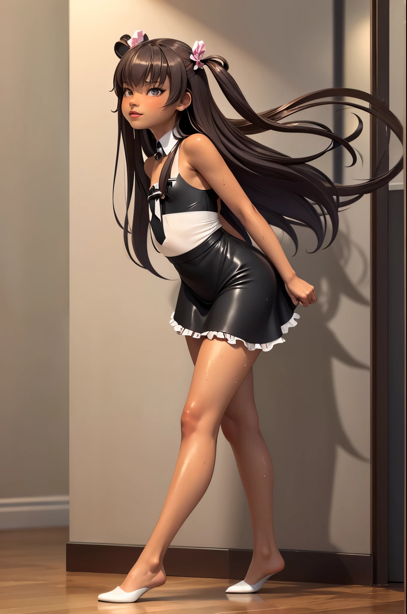 1 girl, 18 year, alone, (masterpiece), 3D, best quality, expressive eyes, perfect face, angry, red lips, in school, full body, wet, (masterpiece), best quality, expressive eyes, perfect face, looks at the viewer, showing its openness, translucent p@nti&s, Loli, sexy maid outfit version, Yukikaze,