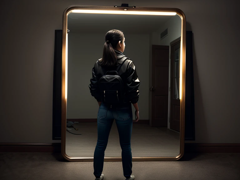 She turns around in fear, but there’s nothing there. When she looks back at the old mirror, the shadowy figure reappears, this time clearer and closer. Character Clothes: Casual outfit (light jacket, jeans, sneakers). Expression: Anxious, wide-eyed, cautious. Props: Flashlight, small bag. Lighting: Soft shadows, emphasizing her fear.