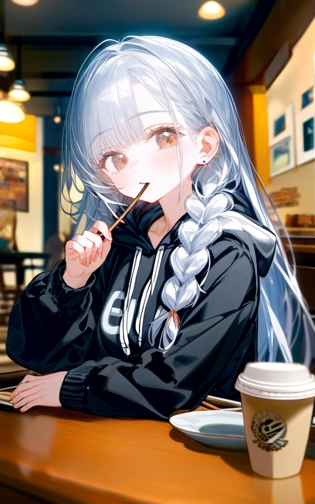 ((Best Quality)), ((masterpiece)), ( Details), girl eating Pocky at a coffee shop table,Long hair with side braids ,Silver Hair, hoodie