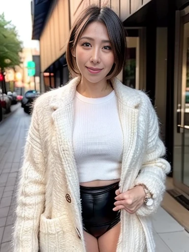 8K quality，masterpiece,Best Quality,Crack,Outdoor Shopping ,A woman around 35 years old ,Mature Woman， wears sexy underwear on her lower body ， wears sexy underwear on her upper body，Sweater coat，Holding a shopping paper bag in both hands， short hair，