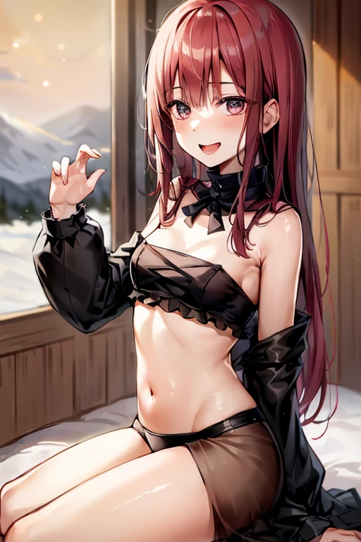 ((Best Quality)), ((masterpiece)), (be familiar with),  perfect face, indoor, bedroom,  watching viewers in the winter mountains ,
One woman,  Kitakawa Kaiumi,
 characters with open mouth ,  ecstatic expression , blush, smile,
Small breasts,  flat chest, , ,  s, Girl,
Long Hair,  long hair,
Leg spread,