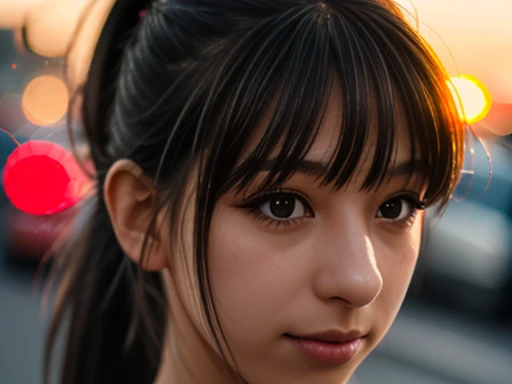 Close-up photo of a girl's face in a colorful dress, black hair ponytail, city street at sunset, bokeh