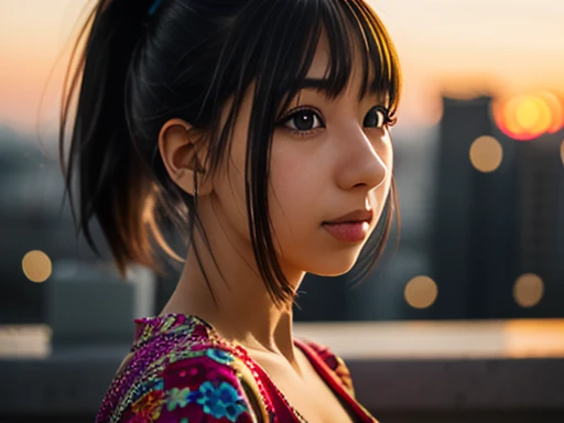 Close-up photo of a girl's face in a colorful dress, black hair ponytail, city street at sunset, bokeh