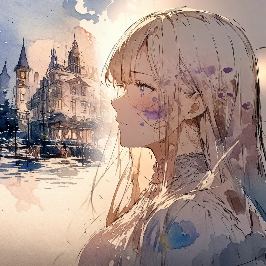 ((sketch:1.5)), ((watercolor:1)), Double Exposure of a Beautiful and Delicate Woman (The face is clear and perfect)image，Background、 Perfect Ultra Detailed Victorian Scenery , beautiful,  complicated illustration,  Artwork Concept Artwork, break,(How Boring to Be Upset by Your Inferiority ),