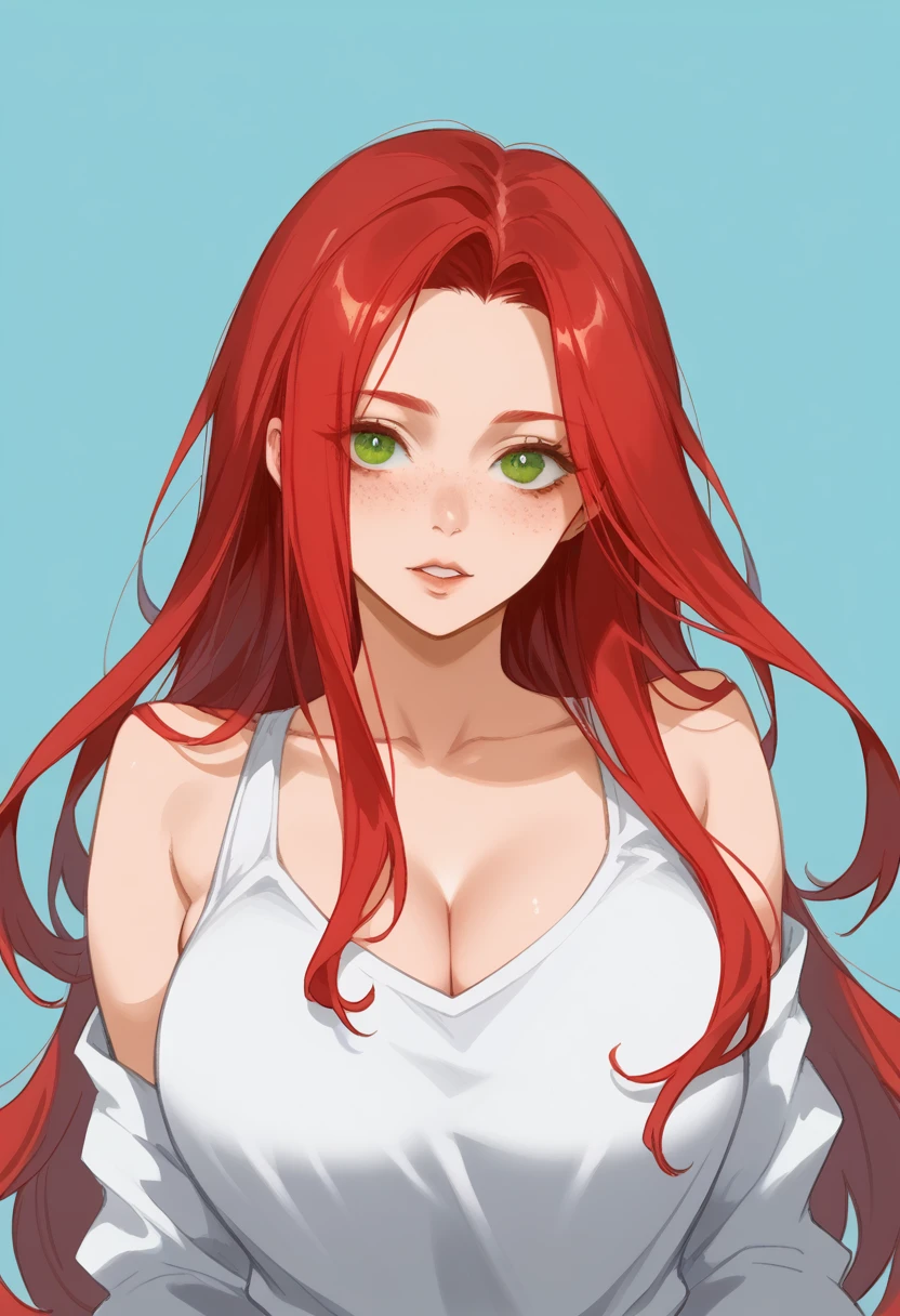 there is a drawing of a woman with red hair and a blue background, a character portrait inspired by Rei Kamoi, deviantart contest winner, digital art, red hair girl, she has red hair, red haired girl, with red hair and green eyes, with red hair, red head, crimson red hair and red eyes, red hair and freckles, halfbody portrait