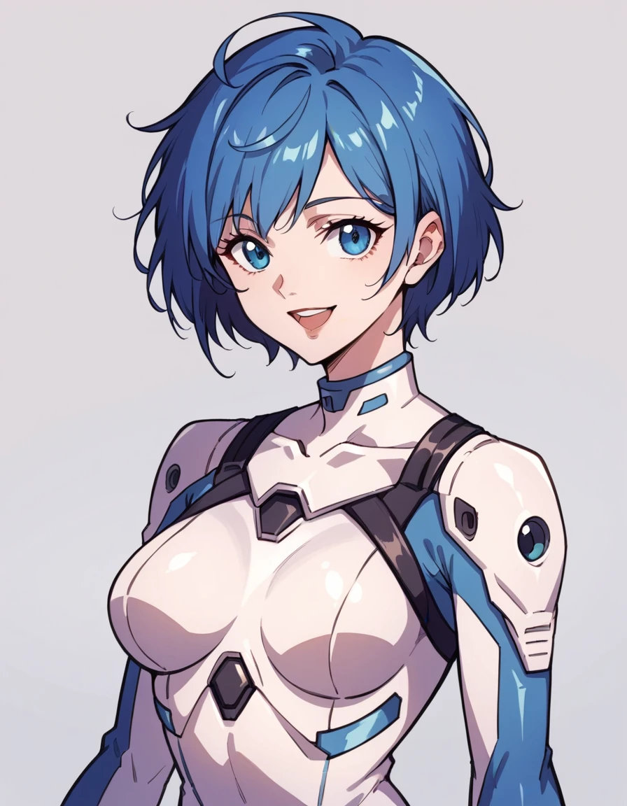 1girl, solo, breasts, looking at viewer, smile, open mouth, short hair, blue eyes, blue hair, upper body, white bodysuit