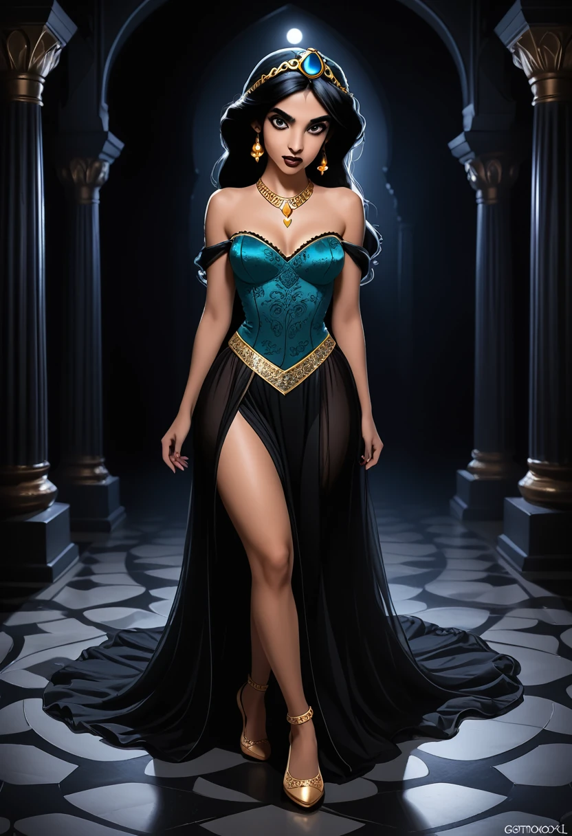 Jasmine from Aladdin, dark make-up, sexy dark dress, dark look, mad look, evil look, dark background, darkness in eyes, dark atmosphere GothMOONXL, full-body view, sexy underwear and stockings