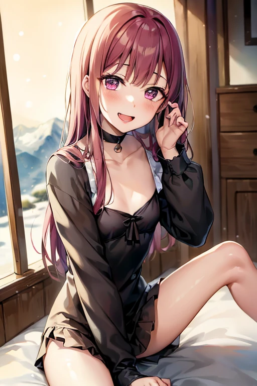 ((Best Quality)), ((masterpiece)), (be familiar with),  perfect face, indoor, bedroom,  watching viewers in the winter mountains ,
One woman,  Kitakawa Kaiumi,
 characters with open mouth ,  ecstatic expression , blush, smile,
Small breasts,  flat chest, , ,  s, Girl,
Long Hair,  long hair,
Leg spread,