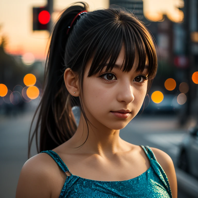 Close-up photo of a girl's face in a colorful dress, black hair ponytail, city street at sunset, bokeh