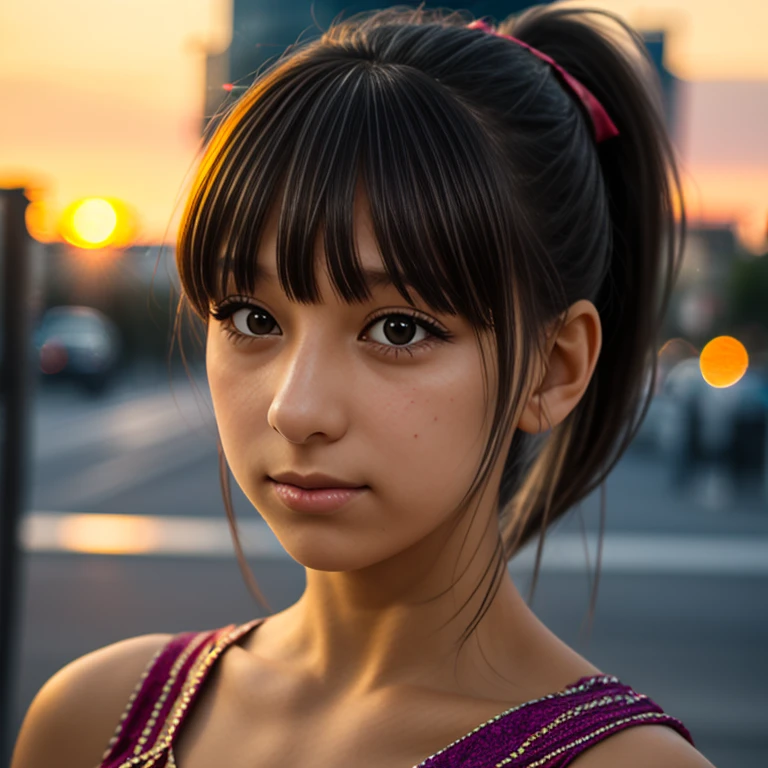 Close-up photo of a girl's face in a colorful dress, black hair ponytail, city street at sunset, bokeh