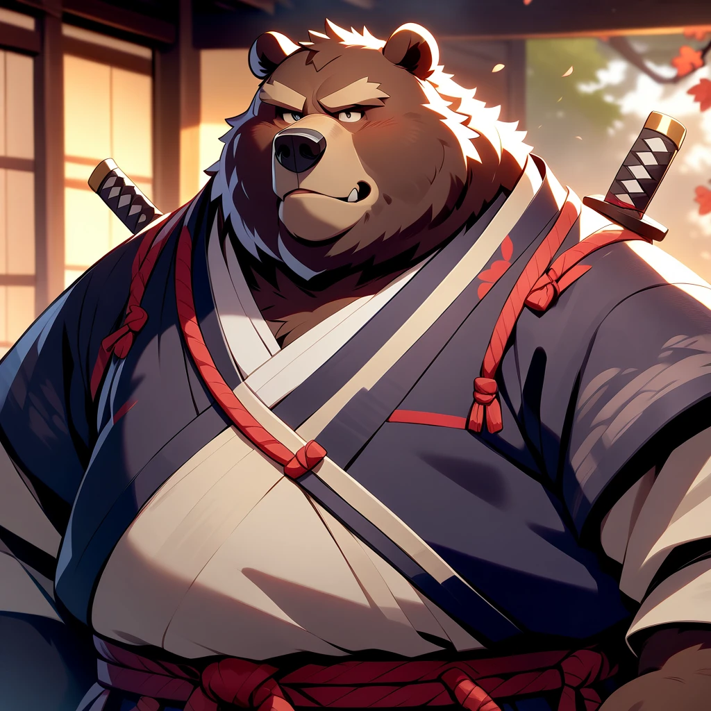  big overweight middle-aged bear man wearing a slack, masterpiece,  highest quality,  so beautiful、samurai boy、ほっかむりを被る 