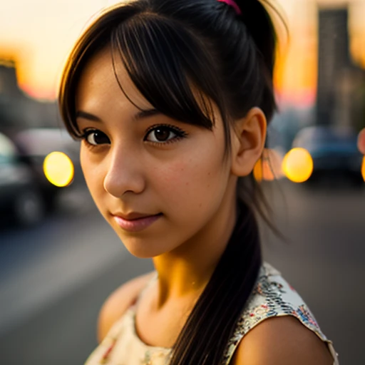 Close-up photo of a girl's face in a colorful dress, black hair ponytail, city street at sunset, bokeh