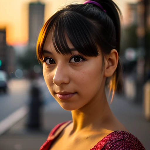 Close-up photo of a girl's face in a colorful dress, black hair ponytail, city street at sunset, bokeh