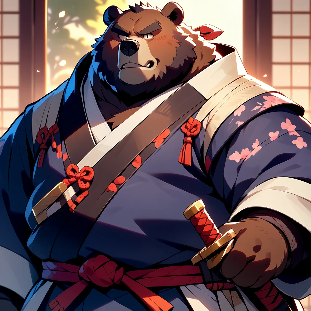  big overweight middle-aged bear man wearing a slack, masterpiece,  highest quality, Brandishing a sword、 so beautiful、samurai boy、Wear a feeling of being left alone 