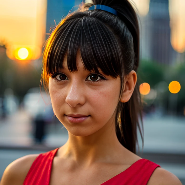 Close-up photo of a girl's face in a colorful dress, black hair ponytail, city street at sunset, bokeh