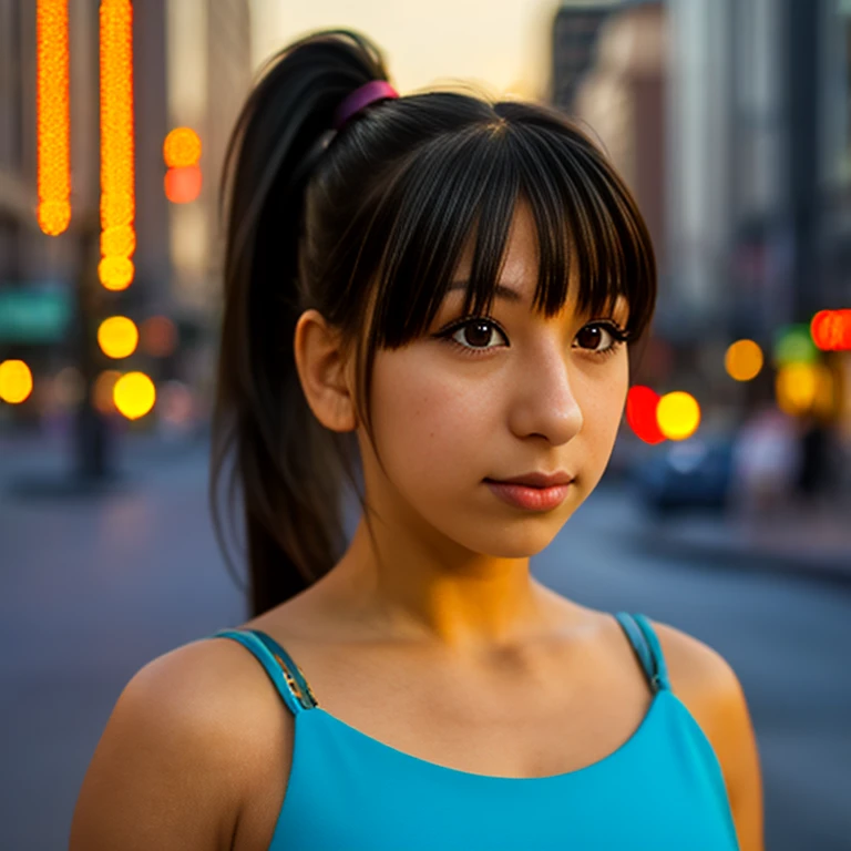 Close-up photo of a girl's face in a colorful dress, black hair ponytail, city street at sunset, bokeh