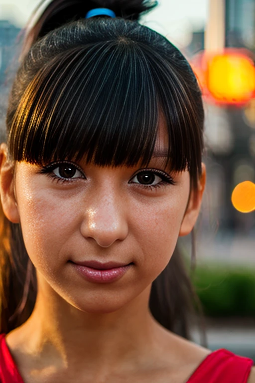 Close-up photo of a girl's face in a colorful dress, black hair ponytail, city street at sunset, bokeh