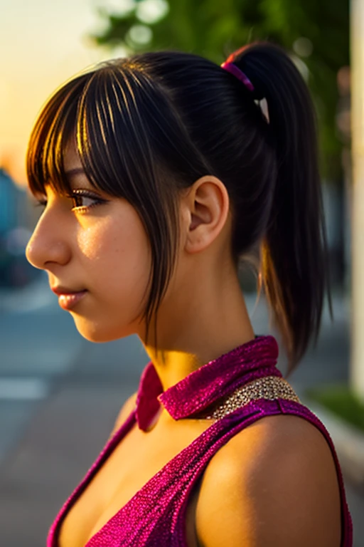 Close-up photo of a girl's face in a colorful dress, black hair ponytail, city street at sunset, bokeh