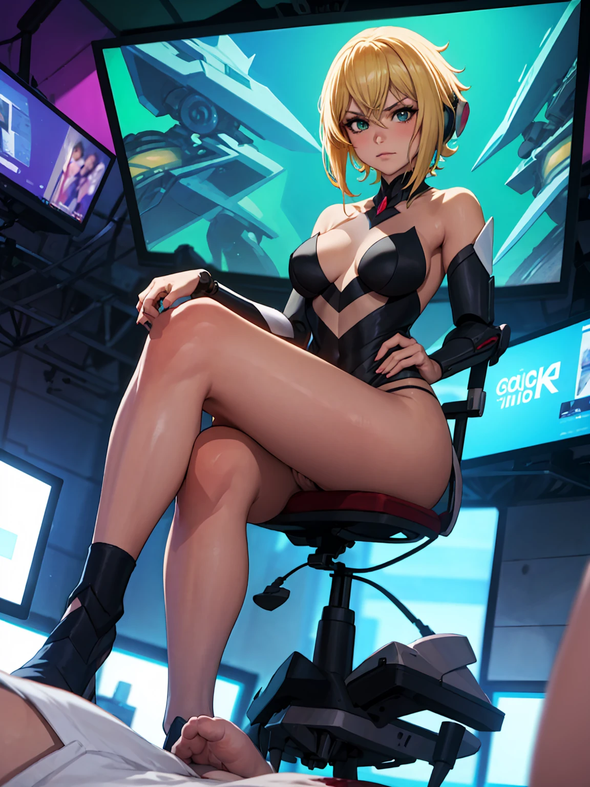 Woman sitting in a red chair,  very close foot POV shot with lots of blood vessels, Orianna,NONSFW, Dark mood scene, Full-body robot!! Cat girl, blonde, Thick legs,  spread your legs,  don't mess around ,  IG studio anime style , 4K!, On the desk