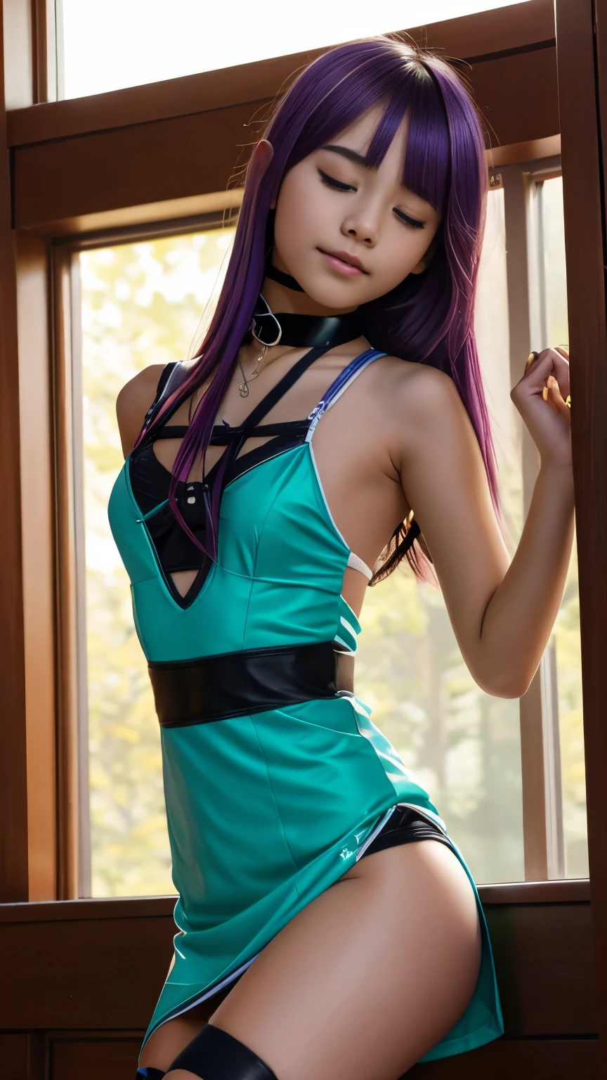 two 18 year old tween girls, two close friends, athletic legs, Asian models, orgasming face, colored hair, colored short dress with cutouts, strap, choker, skinny body, enticing, garter with stockings, thin athletic model, cute young teenls, tattoos, silk, detailed dress, many colors, small skinny thin girls, beautiful tween model, orgasming, pleasure, shibari, orgasming pleasure face, eyes closed