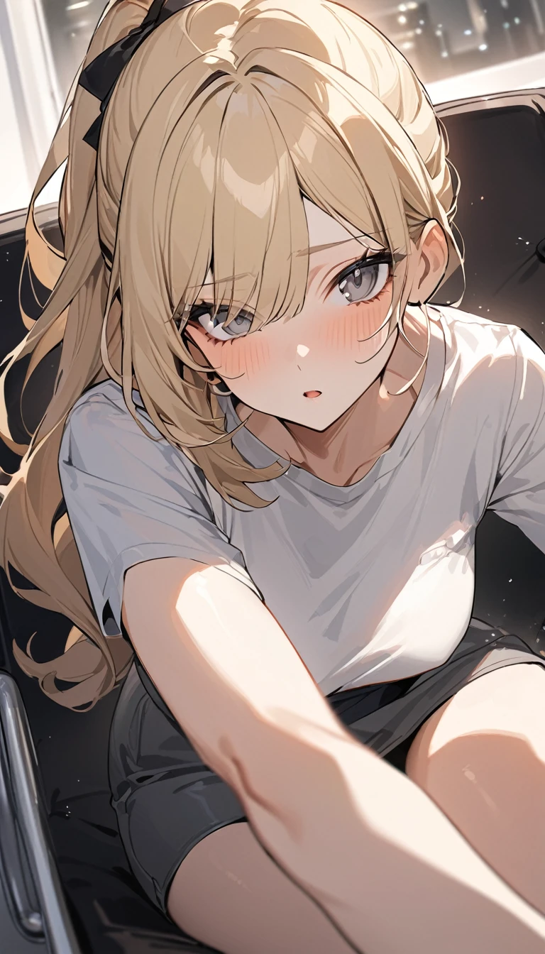 1girl, casual clothes, t-shirt, skirt, twintails, long hair, short sleeves, standing, embarrassed, (full face blush:1.2), covering face, hands on own face, room, side view