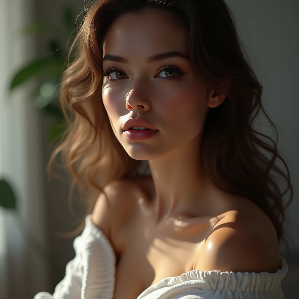a close up of a woman in a white shirt posing for a picture, photo of a beautiful woman, gorgeous beautiful woman, gorgeous attractive face, gorgeous woman, very beautiful woman, clothed in white shirt, gorgeous face and figure, brown hair and a perfect body, anna nikonova aka newmilky, attractive brown hair woman, attractive face and body, beautiful well rounded face