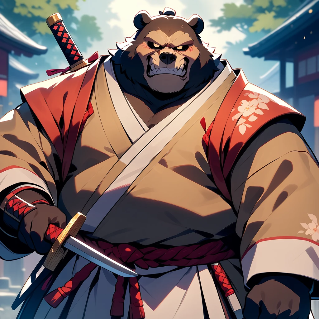 Man with a big overweight bear, masterpiece,  highest quality, Brandishing a sword、 so beautiful、samurai boy、Wear a feeling of being left alone、Brave face、Grim face