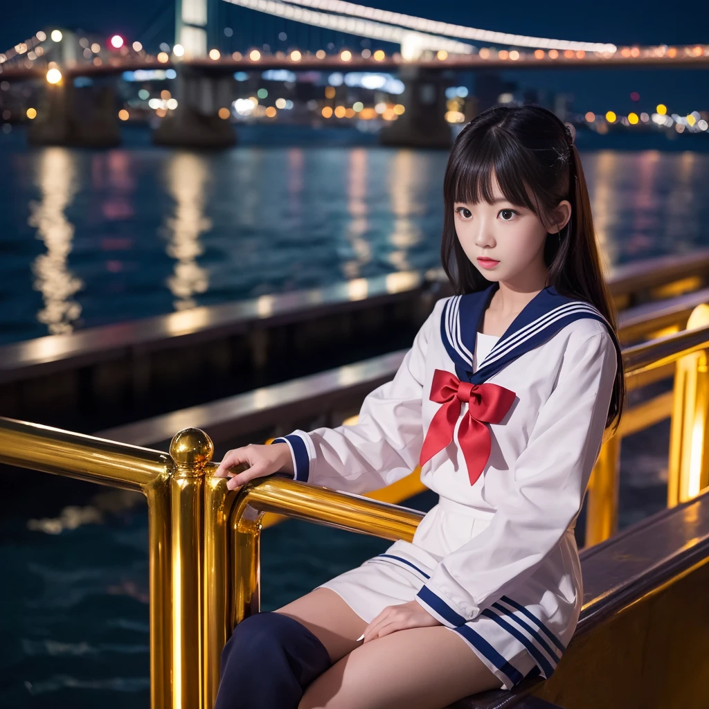  1 girl、 wearing a sailor suit 、masterpiece, Best Quality,  high definition, break, (:1.2), , Modern night on the bridge , , Golden,  three quarter view, hold one&#39;s head, ,  mature body, big breasts at the temple, , :Smiling Face、Red cheeks、 big breasts at the temple